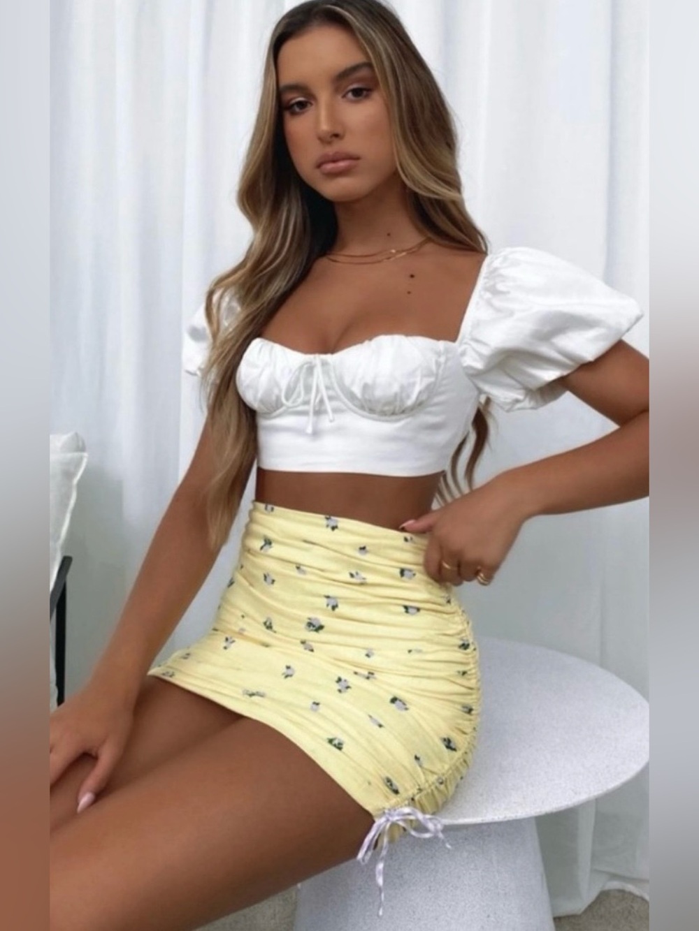 NWT White Fox Boutique Floral Yellow Ruched Mini Skirt - Large
